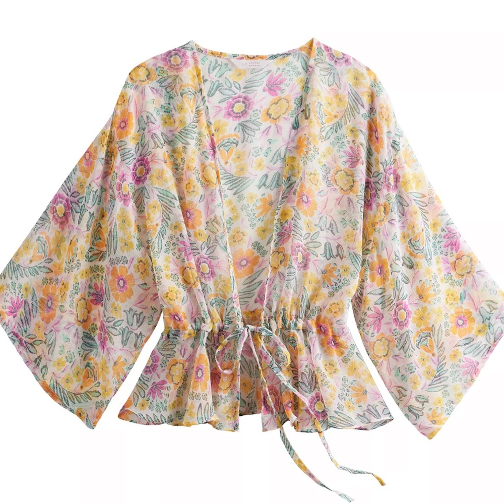 Floral Tie-Waist Kimono Top - Yellow & Pink